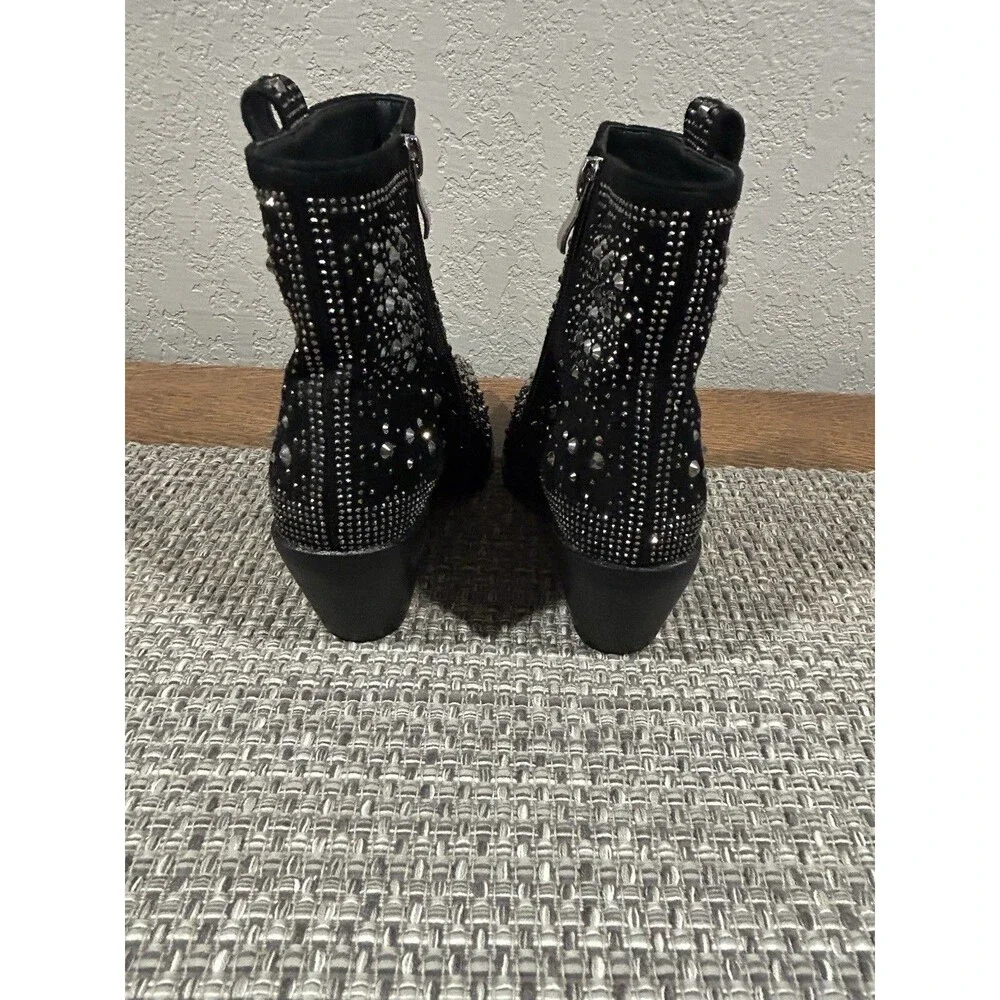 Isnom Rhinestone Western Boots Black Faux Suede Cowboy Pointed Toe Short 7